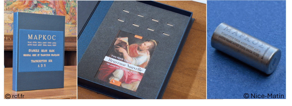 Image of the Gospel book containing 8 capsules and the vade-mecum, and a close-up of a marked DNAshell capsule.