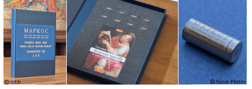 Image of the Gospel book containing 8 capsules and the vade-mecum, and a close-up of a marked DNAshell capsule.